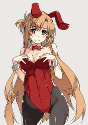 Rule 34 | 1girl, animal ears, artist name, asuna (sao), black pantyhose, blush, bow, bowtie, breasts, brown eyes, brown hair, closed mouth, commentary, covered navel, covering privates, covering breasts, cowboy shot, dated, detached collar, fake animal ears, frown, grey background, half updo, highres, leotard, long hair, looking at viewer, medium breasts, pantyhose, playboy bunny, rabbit ears, red bow, red bowtie, red leotard, shikei, signature, simple background, solo, standing, strapless, strapless leotard, sword art online, symbol-only commentary, thighs, very long hair, wing collar, wrist cuffs
