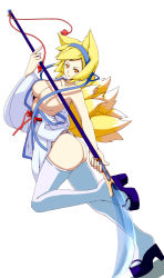 Rule 34 | 1girl, alternate costume, animal ears, ass, blonde hair, breasts, censored, convenient censoring, dearmybrothers, female focus, fox ears, fox tail, hairband, highres, large breasts, leg up, legs, light smile, long legs, multiple tails, naginata, orange eyes, platform footwear, polearm, short hair, simple background, solo, tail, thighhighs, thighs, touhou, weapon, white background, white thighhighs, yakumo ran