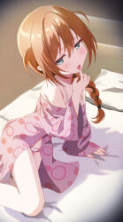 Rule 34 | 1girl, :o, absurdres, arm support, baba konomi, bed, bed sheet, blush, bra, braid, braided ponytail, brown hair, finger to mouth, hair over shoulder, highres, idolmaster, idolmaster million live!, japanese clothes, kimono, kimono pull, looking at viewer, miuoisi, on bed, panties, solo, underwear, white bra, white panties