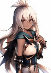 Rule 34 | 1girl, ahoge, armor, armored dress, bad id, bad twitter id, breasts, closed mouth, collarbone, dark-skinned female, dark skin, gauntlets, granblue fantasy, hair between eyes, hand on own chest, long hair, looking at viewer, medium breasts, red eyes, simple background, smile, snm (sunimi), solo, tan, upper body, white background, white hair, zooey (granblue fantasy)