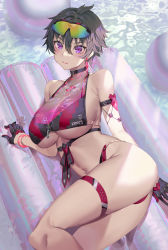 Rule 34 | 1girl, ass, bikini, black hair, blush, bracelet, breasts, choker, cleavage, covered collarbone, earrings, eyewear on head, gloves, goggles, goggles on head, highres, jewelry, large breasts, lying, navel, on side, original, pink eyes, pink hair, purple eyes, short hair, smile, swimsuit, thigh strap, thighs, tomboy, underboob, water, yoshimoto (dear life), zipper