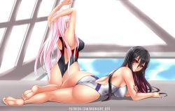 Rule 34 | 2girls, arms up, ass, barefoot, black hair, breasts, competition swimsuit, facing away, from behind, hair between eyes, highleg, highres, large breasts, long hair, looking at viewer, lying, midnight (banyex), multicolored hair, multiple girls, on stomach, one-piece swimsuit, original, pink hair, pointy ears, red eyes, rei no pool, sitting, soles, streaked hair, swimsuit, watermark, web address