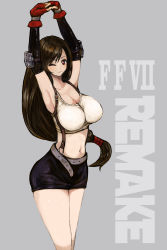 Rule 34 | 1990s (style), 1girl, armpits, bad id, bad pixiv id, belt, black hair, breasts, brown eyes, female focus, final fantasy, final fantasy vii, gloves, highres, inuyou, large breasts, long hair, low-tied long hair, one eye closed, outstretched arms, retro artstyle, simple background, skirt, solo, square enix, stretching, suspender skirt, suspenders, tifa lockhart