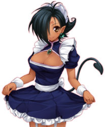 Rule 34 | 1girl, bad id, bad pixiv id, black hair, breasts, brown eyes, character request, cleavage, cleavage cutout, clothes lift, clothing cutout, copyright request, dark-skinned female, dark skin, demon girl, demon tail, earrings, facial mark, fang, forehead mark, hair over one eye, jewelry, large breasts, maid, pointy ears, short hair, skirt, skirt lift, smile, solo, tail, utsugi (skydream), wrist cuffs