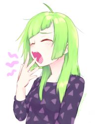 Rule 34 | 1girl, ahoge, blush, breasts, closed eyes, commentary, delutaya, diagonal bangs, english commentary, green hair, hand up, indie virtual youtuber, long sleeves, open mouth, purple shirt, shirt, simple background, small breasts, solo, tears, upper body, virtual youtuber, white background, yawning, yoako