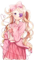 Rule 34 | 1girl, blush, bow, closed mouth, commentary request, cowboy shot, earrings, eyepatch, hair between eyes, hair bow, harime nui, highres, huge bow, jewelry, kill la kill, life fiber, long hair, long sleeves, looking at viewer, neckerchief, open clothes, paraffin, pink bow, pink neckerchief, pink sailor collar, pink skirt, pleated skirt, purple eyes, sailor collar, school uniform, serafuku, shirt, simple background, skirt, smile, solo, sweater, twintails, white background