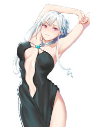 Rule 34 | 1girl, absurdres, ak-12 (girls&#039; frontline), ak-12 (quiet azure) (girls&#039; frontline), armpits, arms up, bare shoulders, black dress, blush, breasts, c.rabbit, center opening, dress, girls&#039; frontline, head tilt, highres, jewelry, large breasts, long hair, looking at viewer, official alternate costume, pendant, pink eyes, ponytail, side slit, silver hair, simple background, smile, solo, white background