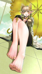 Rule 34 | 1girl, :d, absurdres, arknights, barefoot, black skirt, blunt bangs, blush, breasts, brown shirt, collarbone, elf, feet, full body, highres, holding, holding umbrella, knees up, lab coat, large breasts, laurel crown, long skirt, long sleeves, looking at viewer, mole, mole under eye, muelsyse (arknights), nail polish, on floor, open mouth, pointy ears, shirt, sitting, skirt, smile, solo, teeth, tile floor, tiles, toenail polish, toenails, toes, twitter username, umbrella, upper teeth only, yamauchi (conan-comy), yellow eyes, yellow nails