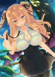 Rule 34 | 1girl, :p, aotsu karin, aqua eyes, bad id, bad pixiv id, bare arms, bare shoulders, bat wings, black necktie, black pantyhose, black ribbon, black skirt, blonde hair, blue sky, blurry, blurry foreground, blush, breasts, cleavage, collarbone, collared shirt, commentary request, corset, covered navel, cowboy shot, day, depth of field, dutch angle, floating hair, hair between eyes, hair ribbon, hand up, large breasts, long hair, looking at viewer, miniskirt, necktie, original, pantyhose, partially unbuttoned, plant, pleated skirt, ribbon, shirayuki maria, shirt, skirt, sky, sleeveless, sleeveless shirt, solo, standing, sweat, tongue, tongue out, tree, two side up, white shirt, wings