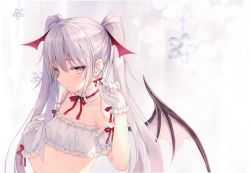 Rule 34 | 1girl, absurdres, bandeau, bare shoulders, blurry, breasts, choker, collarbone, demon wings, depth of field, detached sleeves, earrings, eve-chan, frilled choker, frills, glint, gloves, hand up, highres, jewelry, long hair, looking at viewer, original, parted lips, puffy short sleeves, puffy sleeves, purple eyes, red ribbon, ribbon, rurudo, scan, short sleeves, sidelocks, silver hair, small breasts, solo, twintails, upper body, white gloves, wings