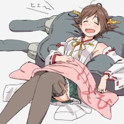 Rule 34 | 10s, 1girl, armpits, blanket, brown hair, cushion, detached sleeves, drooling, hand on own stomach, headgear, hiei (kancolle), highres, jewelry, kantai collection, lying, nontraditional miko, on back, open mouth, plaid, plaid skirt, ring, short hair, skirt, sleeping, solo, thighhighs, wedding band