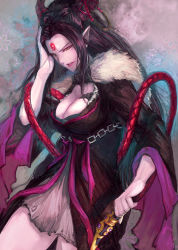 Rule 34 | 1girl, black hair, black robe, breasts, chain, cleavage, filigree, floral background, forehead jewel, fur-trimmed robe, fur trim, hand to head, hand up, holding, holding whip, horns, large breasts, lips, lipstick, long hair, looking at viewer, makeup, pointy ears, red eyes, robe, shan laotou, solo, thighs, thunderbolt fantasy, very long hair, whip, wide sleeves, xing hai