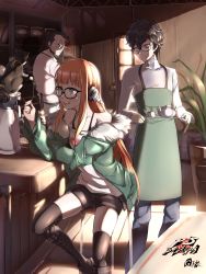 Rule 34 | 10s, 1girl, 2boys, :d, absurdres, apron, black footwear, black thighhighs, blunt bangs, boots, cafe, cat, cross-laced footwear, father and daughter, gins, highres, indoors, lace-up boots, multiple boys, open mouth, persona, persona 5, sakura futaba, sitting, smile, thighhighs, wooden floor