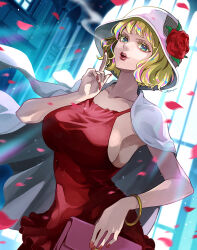 Rule 34 | 1girl, bag, blonde hair, blue eyes, breasts, collarbone, cowboy shot, dress, flower, handbag, hat, index finger raised, jewelry, large breasts, looking at viewer, moroi, one piece, open mouth, petals, red dress, red flower, red rose, rose, short hair, sideboob, smile, solo, stussy (one piece)