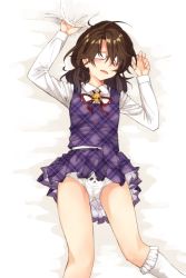 Rule 34 | 1girl, animal print, arms up, bad id, bad twitter id, bear panties, bear print, bed sheet, blush, bobby socks, brown hair, glasses, kneehighs, long sleeves, low twintails, lying, no cape, no headwear, on back, on bed, opaque glasses, open mouth, panda panties, panties, pantyshot, plaid, plaid shirt, plaid skirt, print panties, sheet grab, shirt, short hair, skirt, skirt set, socks, solo, touhou, twintails, underwear, upskirt, urin, usami sumireko, vest, white panties, white socks