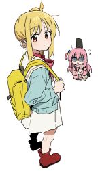 Rule 34 | ahoge, backpack, bag, blonde hair, blue eyes, bocchi the rock!, boots, bow, brown footwear, closed mouth, collared shirt, cube hair ornament, gigbag, gotoh hitori, hair between eyes, hair ornament, hair over eyes, ijichi nijika, instrument case, jacket, long hair, looking at viewer, looking to the side, one side up, open mouth, pink hair, pink jacket, pink track suit, shaded face, shirt, shisoneri, simple background, skirt, track jacket, white background, white shirt