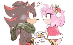 Rule 34 | 1boy, 1girl, aimy neko, amy rose, animal ears, animal nose, blush, box, bracelet, brown fur, capelet, closed mouth, commentary, dress, english commentary, eyelashes, fur-trimmed capelet, fur trim, furry, furry female, furry male, gift, gift box, gloves, gold bracelet, green eyes, green scarf, hairband, hand up, hands up, heart, hedgehog, hedgehog ears, hedgehog girl, holding, holding box, jewelry, leaf, looking at another, pink fur, pom pom (clothes), red capelet, red dress, red eyes, red fur, red hairband, scarf, shadow the hedgehog, simple background, smile, snowing, sonic (series), speech bubble, standing, two-tone fur, white background, white gloves