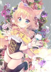 Rule 34 | 1girl, animal ears, black panties, black thighhighs, blonde hair, blue eyes, blue ribbon, bow, bowtie, candy, cape, cat ears, commentary request, cross-laced clothes, floral background, food, gochuumon wa usagi desu ka?, hair ribbon, halloween costume, high heels, kemonomimi mode, kirima syaro, lollipop, looking at viewer, mitsumomo mamu, no pants, panties, pink footwear, red ribbon, ribbon, short sleeves, side-tie panties, smile, solo, thighhighs, tippy (gochiusa), twintails, underwear, wristband, yellow bow, yellow bowtie