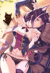 Rule 34 | 1girl, animal, animal ear fluff, animal ears, arm up, armpits, black cat, black panties, cat, cat ears, cat girl, cat tail, closed mouth, day, detached sleeves, frilled sleeves, frills, green eyes, highres, karyl (princess connect!), long hair, long sleeves, lying, multicolored hair, navel, nihnfinite8, on back, outdoors, panties, paw pose, princess connect!, purple hair, purple thighhighs, side-tie panties, single thighhigh, solo, streaked hair, sunlight, tail, thigh gap, thighhighs, two-tone hair, underwear, v-shaped eyebrows, very long hair, white hair