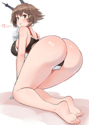 Rule 34 | 1girl, alternate costume, ankle, ass, bad id, bad pixiv id, bare arms, blush, breasts, brown hair, cameltoe, check commentary, closed mouth, commentary request, competition swimsuit, feet, finger to mouth, full body, gloves, gradient background, green eyes, grin, hair between eyes, headgear, heart, highres, kantai collection, kneeling, large breasts, looking back, mutsu (kancolle), one-piece swimsuit, osananajimi neko, radio antenna, revision, shiny skin, short hair, sideboob, skindentation, smile, soles, solo, swimsuit, teeth, toes, two-tone swimsuit, white gloves