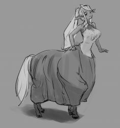 Rule 34 | 10s, 1girl, animal ears, bare shoulders, breasts, centaur, centorea shianus, covered erect nipples, female focus, full body, grey background, greyscale, hand on own hip, horse ears, horse tail, large breasts, long hair, monochrome, monster girl, monster musume no iru nichijou, multiple legs, ponytail, shadow, simple background, sketch, sleeveless, smile, snibako, solo, tail, taur