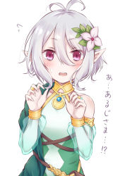 Rule 34 | 1girl, absurdres, antenna hair, bare shoulders, blush, breasts, bridal gauntlets, commentary request, detached sleeves, dress, flower, flying sweatdrops, green sleeves, hair between eyes, hair flower, hair ornament, hands up, highres, hitotsuki no yagi, kokkoro (princess connect!), long sleeves, looking at viewer, open mouth, pointy ears, princess connect!, puffy long sleeves, puffy sleeves, see-through, see-through sleeves, silver hair, simple background, sleeveless, sleeveless dress, small breasts, solo, sweat, teeth, translated, upper teeth only, wavy mouth, white background, white dress, white flower