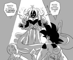 Rule 34 | 1girl, 2boys, alternate universe, android 21, bald, black hair, breasts, cave, comic, commentary, dragon ball, dragon ball fighterz, dragonball z, english text, fins, funsexydb, greyscale, hood, hoodie, injury, kuririn, large breasts, logo, majin android 21, mermaid, monochrome, monster girl, multiple boys, pointy ears, son goku, spiked hair, tail, torn clothes
