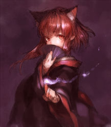 Rule 34 | 1girl, alternate costume, alternate hairstyle, animal ears, cat ears, cat girl, covered mouth, covering own mouth, extra ears, female focus, hand fan, junwool, kaenbyou rin, long hair, looking at viewer, pointing, pointy ears, red eyes, red hair, solo, touhou