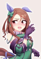 Rule 34 | 1girl, animal ears, blush, bow, brown hair, buttons, dress, ear covers, gloves, green bow, green dress, grey background, hair between eyes, hair bow, highres, horse ears, horse girl, horse tail, king halo (umamusume), long hair, looking to the side, namaata, open mouth, purple gloves, red eyes, simple background, solo, sweat, tail, twitter username, umamusume, upper body