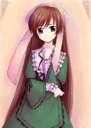 Rule 34 | 00s, 1girl, brown hair, corset, dress, drill hair, flat chest, frills, green dress, green eyes, hat, heterochromia, lolita fashion, long hair, red eyes, ribbon, rozen maiden, smile, solo, straightchromia, suiseiseki, twin drills, twintails, very long hair