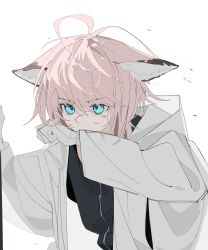 Rule 34 | 1girl, absurdres, animal ears, antenna hair, arknights, black shirt, blue eyes, brown hair, dirty, dirty face, fox ears, fox girl, gloves, highres, jacket, lihuashuangxiang, long sleeves, open clothes, open jacket, shirt, short hair, simple background, solo, sussurro (arknights), upper body, white background, white gloves, white jacket, wiping mouth