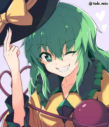 Rule 34 | 1girl, ;), artist name, black hat, blouse, blush, bow, collarbone, commentary request, frilled shirt collar, frills, green eyes, green hair, grin, hair between eyes, hand up, hat, hat bow, hat tip, heart, heart of string, highres, holding, holding clothes, holding hat, komeiji koishi, long hair, looking at viewer, one eye closed, purple background, sharp teeth, shirt, simple background, smile, solo, tada no nasu, teeth, third eye, touhou, twitter username, unworn hat, unworn headwear, upper body, yellow bow, yellow shirt