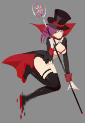 Rule 34 | 1girl, black hat, black thighhighs, breasts, cape, cleavage, easu0528, full body, gloves, grey background, hat, jacket, league of legends, leblanc (league of legends), looking at viewer, medium hair, prestigious leblanc, purple hair, red footwear, ribbon, simple background, smile, solo, staff, thighhighs, weapon, white gloves, white ribbon, yellow eyes