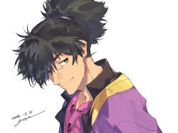 Rule 34 | 1boy, black hair, blue eyes, coat, dated, facial hair, goya (xalbino), long hair, looking at viewer, male focus, ponytail, purple shirt, raven (tales), shirt, signature, smile, solo, stubble, tales of (series), tales of vesperia, tan, white background