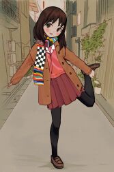 Rule 34 | 1girl, :d, alley, azumanga daioh&#039;s school uniform, azumanga daiou, black pantyhose, blush, brown eyes, brown footwear, checkered clothes, checkered scarf, commentary, english commentary, eyebrows hidden by hair, film grain, full body, head tilt, highres, holding own foot, io (onisarashi), kasuga ayumu, leg up, loafers, long hair, long sleeves, looking at viewer, multicolored clothes, multicolored scarf, open clothes, open mouth, outdoors, pantyhose, parted lips, pleated skirt, scarf, school uniform, shoes, skirt, smile, solo, standing, standing on one leg, tareme