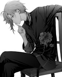Rule 34 | 1boy, chair, crossed legs, ear piercing, finger to mouth, floral print, greyscale, highres, index finger raised, jewelry, kanae (nijisanji), looking at viewer, low ponytail, maki keigo, male focus, mole, mole under eye, monochrome, nijisanji, pants, piercing, ponytail, profile, shirt, simple background, sitting, solo, virtual youtuber