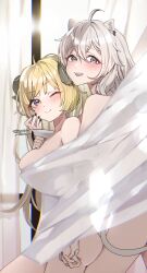 Rule 34 | 2girls, ;), absurdres, ahoge, animal ear piercing, animal ears, backlighting, behind curtains, black nails, blonde hair, blush, breasts, covering privates, curtain grab, curtains, double-parted bangs, from side, grey eyes, grey hair, hair between eyes, hand on own chest, highres, holding hands, hololive, horns, interlocked fingers, large breasts, lion ears, lion tail, long hair, looking at viewer, multiple girls, nail polish, nude, nude cover, nyas0123, one eye closed, purple eyes, see-through silhouette, sheep horns, shishiro botan, smile, tail, tsunomaki watame, virtual youtuber