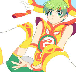 Rule 34 | 10s, 1girl, bad id, bad pixiv id, chinese clothes, detached sleeves, dragon kid, green eyes, green hair, hat, huang baoling, matching hair/eyes, paruru (yu-cho), pout, short hair, shorts, simple background, solo, superhero costume, thighhighs, tiger &amp; bunny, white background