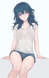 Rule 34 | 1girl, banned artist, black bra, blue background, blue eyes, blue hair, blue shorts, bra, bra visible through clothes, bralines, breasts, byleth (female) (fire emblem), byleth (fire emblem), fire emblem, fire emblem: three houses, looking at viewer, medium breasts, nintendo, see-through, shimizu akina, shirt, shorts, simple background, sitting, smile, solo, t-shirt, twitter username, underwear, white shirt