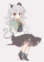 Rule 34 | 1girl, alternate hair length, alternate hairstyle, animal ear fluff, animal ears, biyon, black dress, black footwear, capelet, commentary request, dot mouth, dress, full body, grey background, grey hair, hand up, high heels, index finger raised, jewelry, long hair, long sleeves, looking at viewer, mouse (animal), mouse ears, mouse tail, nazrin, neck ribbon, pendant, red eyes, ribbon, shirt, shoes, simple background, solo, tail, touhou, translation request, twitter username, white shirt, yellow ribbon