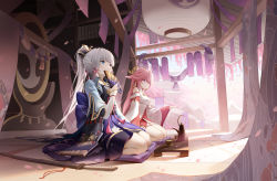 Rule 34 | 2girls, absurdres, armor, ayaka (genshin impact), bare shoulders, cherry blossoms, covering own mouth, earrings, full body, genshin impact, hair ornament, hand fan, highres, holding, holding fan, japanese armor, japanese clothes, jewelry, kimono, kneeling, lantern, long sleeves, multiple girls, outdoors, petals, pink hair, ponytail, purple eyes, river (river ga), sword, tea, teapot, weapon, white hair, yae miko