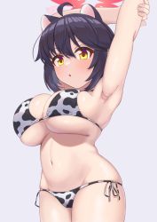 Rule 34 | 1girl, ahoge, animal ears, animal print, armpits, arms up, bikini, black hair, blue archive, blush, breasts, cleavage, cow ears, cow girl, cow print, cowboy shot, cowlick, hair between eyes, halo, highres, kaede (blue archive), large breasts, looking at viewer, messy hair, navel, open mouth, oppai loli, print bikini, short hair, short hair with long locks, shortstack, side-tie bikini bottom, sideboob, sidelocks, simple background, skindentation, solo, sonao, stomach, stretching, string bikini, swimsuit, underboob, white background, yellow eyes