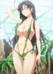 Rule 34 | 1girl, black hair, breasts, glasses, green eyes, hasegawa chisato, large breasts, shinmai maou no testament, solo, swimsuit