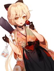 Rule 34 | 1girl, :o, bag, bagged fish, black bow, black gloves, black hakama, blonde hair, blush, bow, candy apple, checkered bow, checkered clothes, commentary, dutch angle, fang, fish, floral print, food, girls&#039; frontline, gloves, goldfish, hair bow, hakama, hakama skirt, holding, holding food, japanese clothes, khj, kimono, long hair, long sleeves, looking at viewer, low ponytail, multicolored clothes, multicolored kimono, official alternate costume, orange eyes, ots-14 (flurry of petals) (girls&#039; frontline), ots-14 (girls&#039; frontline), print kimono, skin fang, skirt, solo, tassel, water, wide sleeves