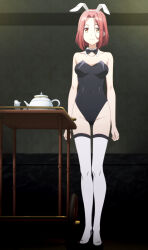 Rule 34 | 1girl, absurdres, animal ears, anime screenshot, bare shoulders, black leotard, bow, bowtie, collarbone, covered navel, detached collar, fake animal ears, female focus, full body, grete (spy kyoushitsu), groin, highleg, highleg leotard, highres, leotard, looking at viewer, no bra, no panties, playboy bunny, rabbit ears, red hair, screencap, short hair, sidelocks, smile, solo, spy kyoushitsu, standing, stitched, strapless, strapless leotard, thigh gap, thighhighs, thighs, third-party edit, white thighhighs, yellow eyes