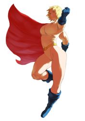 Rule 34 | 1girl, alien, amanojaku (sekiguchi), belt, blonde hair, blue eyes, blue footwear, blue gloves, boots, cape, cleavage cutout, clenched hand, clothing cutout, dc comics, female focus, flying, gloves, highres, kryptonian, leotard, power girl, red cape, shoes, short hair, simple background, solo