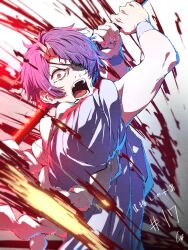 Rule 34 | 1boy, 4b-enpitsu, commentary request, cosplay, eyepatch, highres, holding, holding sword, holding weapon, horns, katana, kizami (tokyo blade), kizami (tokyo blade) (cosplay), narushima melt, open mouth, oshi no ko, purple hair, red eyes, shirt, short hair, solo, sword, tears, tokyo blade (oshi no ko), weapon, white background, white shirt