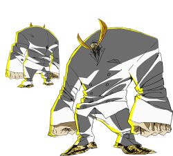 Rule 34 | 10s, 1boy, character sheet, concept art, formal, from behind, full body, giant, glowing, glowing eyes, katana, laomoto khan, male focus, mask, ninja, ninja slayer, official art, old, old man, simple background, solo, standing, suit, sword, weapon, white background, yellow eyes