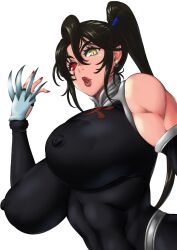 Rule 34 | 1girl, abs, absurdres, bodysuit, breasts, claw (weapon), covered erect nipples, heterochromia, high ponytail, highres, huge breasts, kaen, kyuugata, long hair, ninja, no pupils, ponytail, red eyes, scar, scar across eye, sengoku ace, simple background, skin tight, solo, weapon, white background, yellow eyes