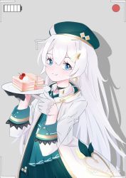 Rule 34 | 1girl, absurdres, asymmetrical gloves, beret, black gloves, blue eyes, cake, cake slice, closed eyes, coat, earrings, food, gloves, green hat, green skirt, grey background, happy birthday, hat, highres, holding, holding plate, honkai (series), honkai impact 3rd, jewelry, long hair, long sleeves, looking at viewer, mismatched gloves, plate, shadow, simple background, skirt, smile, solo, theresa apocalypse, theresa apocalypse (twilight paladin), viewfinder, wanzituanzimax, white coat, white gloves